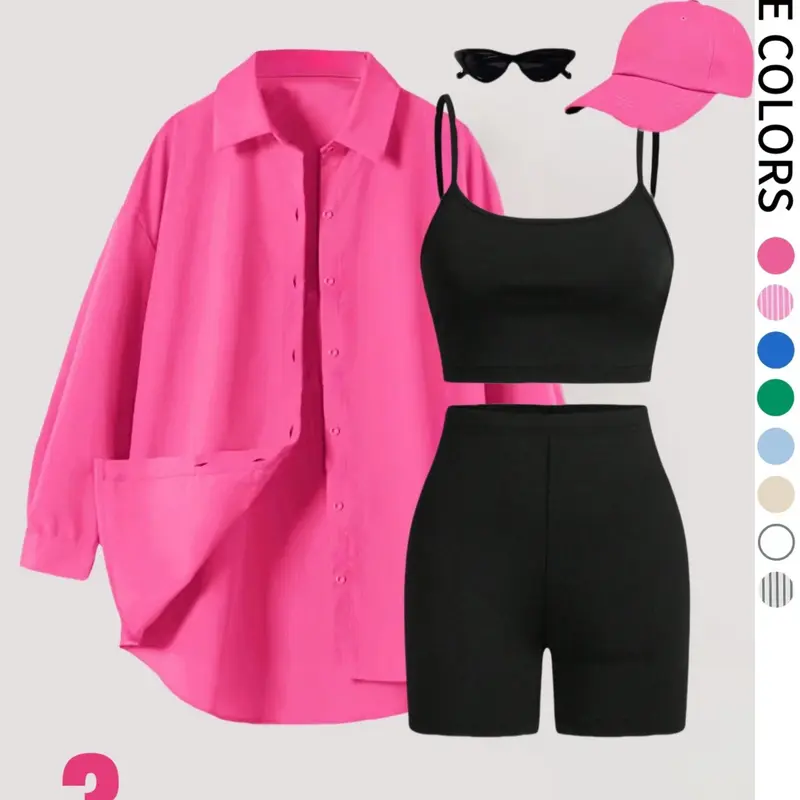 Women's Knitted Button Front Shirt & Crop Cami Top & High Waist Skinny Shorts Three-piece Set, Clothing Sets, Ladies' Summer Clothes