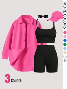 women's solid button front shirt & crop cami top & skinny shorts three-piece set, casual drop shoulder long sleeve top & camisole & shorts, ladies summer clothes, black girl outfits, matching sets