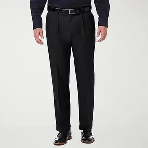Mens Classic Fit Pleated Dress Pants Navy Stretch Expandable Waist Cuffed Wrinkle Free Business Formal Trousers