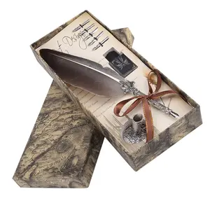 Antique Feather Dip Pen Set with 5 Nibs Flat Nib 0.5mm Natural Feather Alloy Writing Ink Stationery Gift Pen Box Kits Drawing Pens Set