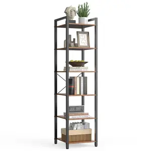 Bookshelf Tall Skinny Bookcase 6 Tier Storage Rack Rustic Corner Shelf Metal Frame Small Freestanding Bookshelves Industrial Display Stand for Bedroom, Living Room, Home Office