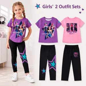 Toddler Girls K-Pop Inspired Clothing Set, 2-Pack Graphic T-Shirts and Printed Leggings, Fashion Casual Outfits for Playtime and Daily Activities