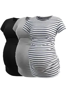3 pieces，Women's Summer Casual Fit Maternity Short Sleeve Yoga Top, Comfortable Maternity Tee Shirt, Spring & Summer Clothing, All Season Wear