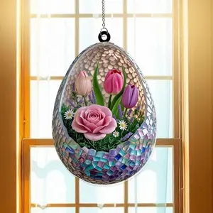 Acrylic Floral Egg Suncatcher - Glossy, Colorful Glass Flower Ornaments, Hanging Decorative Door Window Wall Tree Accent with Metal Hook, Spring Easter Home Gift Idea