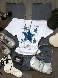 Women's Off-Shoulder Star Print T-Shirt, Y2K Street Style Casual Short Sleeve, Perfect for Daily and Street Fashion