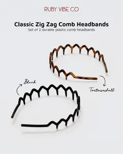 RUBY VIBE CO Classic Zig Zag Comb Headband-2 Piece Shark Tooth Comb Headbands for Women, Non-Slip Lightweight ABS Plastic Hair Bands for All Hair Types