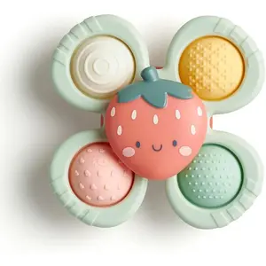 Pop & Whirl Fidget Spinner Travel & Bath Toy for Babies & Toddlers Textured Silicone Popper to Develop Fine Motor Skills Sticks to Highchairs Tables Tubs More (Strawberry)