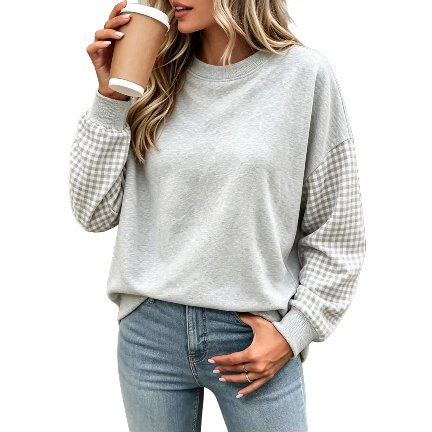 Oversized Plaid Patchwork Sweatshirt for Women Loose Crew Neck Long Sleeve Pullover Casual Daily Wear Comfy Tunic Tops