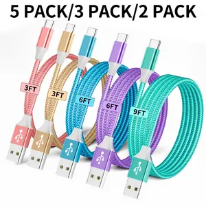 USB A to USB C Fast Charging Cable, Type C Charging, [3/3/6/6/9 Ft]Nylon Braided Charging Cable for Samsung Galaxy S25, S24, S23, S22, S21, Xiaomi Series, LG, 5 Pack/3 Pack/2 Pack