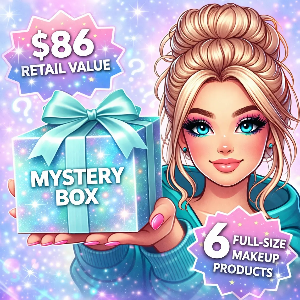 Mateo Beauty Mystery Box, 6-Piece Full-Size Makeup Set with Multichrome Eyeshadows in Acrylic Case, Primer & Lip Oil - Gifts for Makeup Lovers, Lipgloss, Eyeshadow Base
