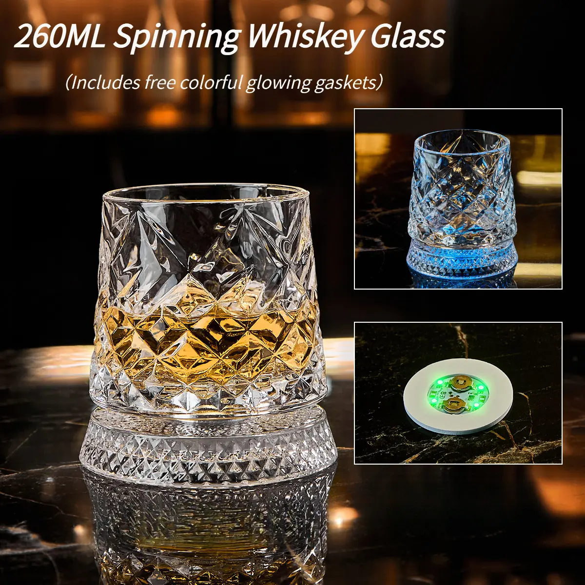 Adults' Stylish 260ML High-End Crystal Whiskey Glass - Rotating Base, Free Colorful Luminous Spacers, Premium Brandy Drinkware