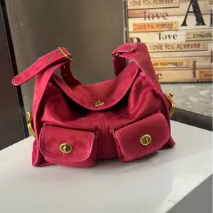 Retro Suede Shoulder Bag Multiple Pockets Wide Shoulder Strap Underarm Bag Metal Lock Closure Handbags Motorcycle Crossbody Bags