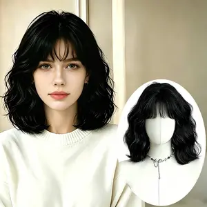 Lotfon Women's non-adhesive synthetic wig, black short curly style, with a simulated scalp top for a natural and realistic look, adjustable head circumference, easy to wear, lightweight and breathable, instantly changes your style, suitable for daily wear