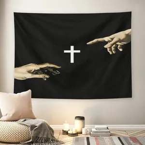 Creation of Adam Christian Cross Wall Flag, Dark Academia Tapestry, Mid-century Modern Black Flash Manga Style Room Decor for Adult Fans, Religious Art Print Wall Hanging