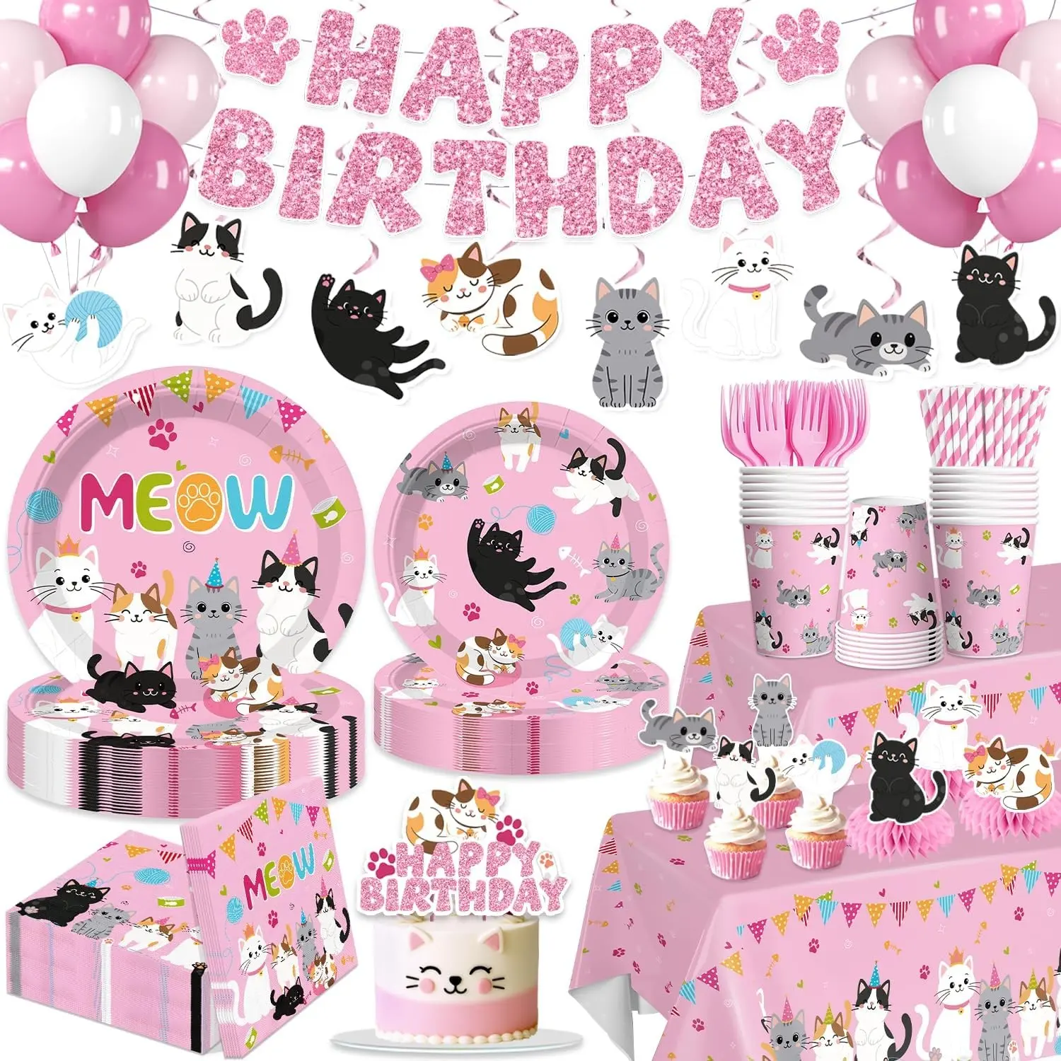 213pcs Cat Birthday Decorations, Complete Tableware Set Serves 25 | No assembly disposable 350gsm plates 24 cupcake toppers and 2 waterproof tablecloths, for cat lovers