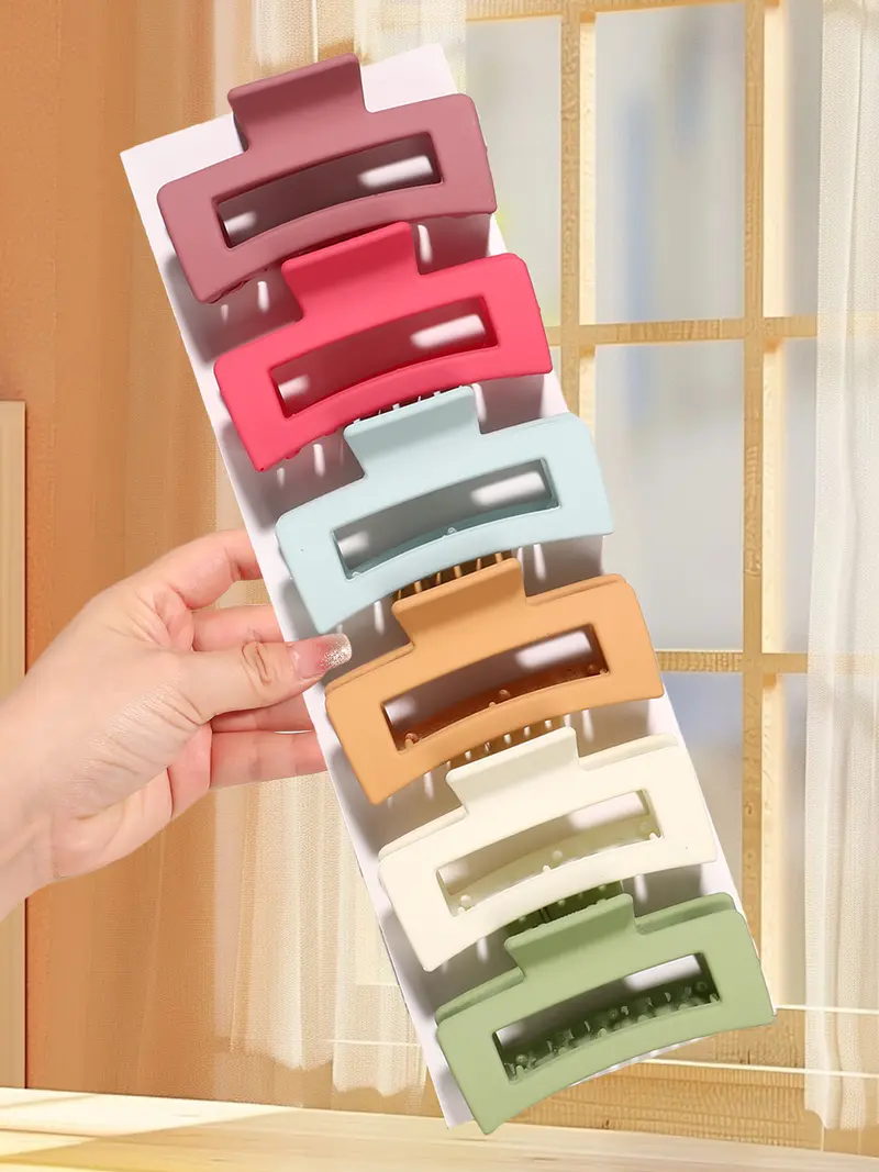 6pcs Ladies Matte Matte Frosted Rectangular Grab Clip Spring Color Series Cool Color Series Plastic Hairpin Long Hair Thick Hair Suitable for Ladies Gift Disc Hair Grab Clip, Solid Color Minimalist Square Hair Grab Fashionable Flat Claw Clips