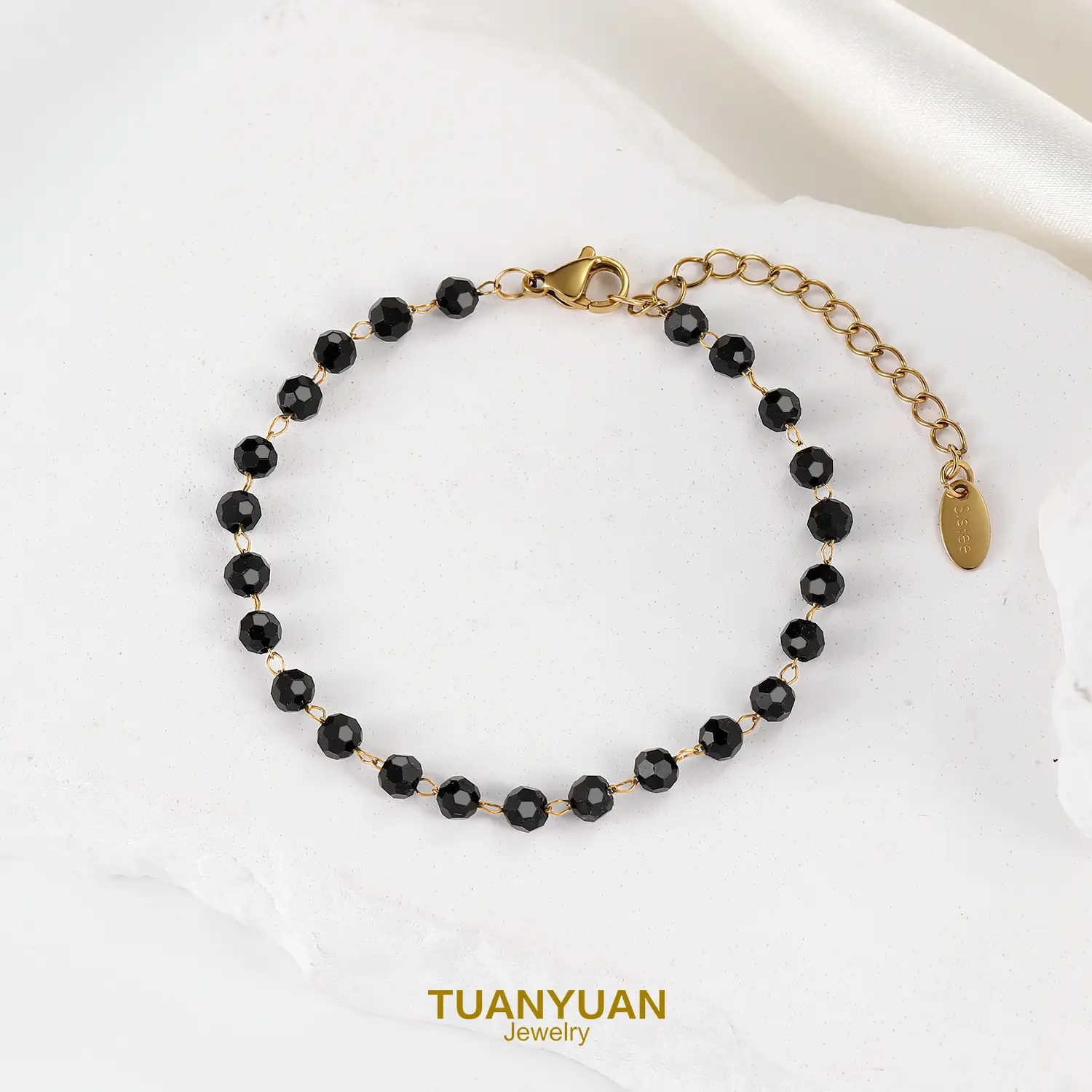 Dainty Faceted Black Bead Bracelet, 18K Gold Plated Adjustable Bracelet Extender Minimalist Crystal Bracelet Gift For Her