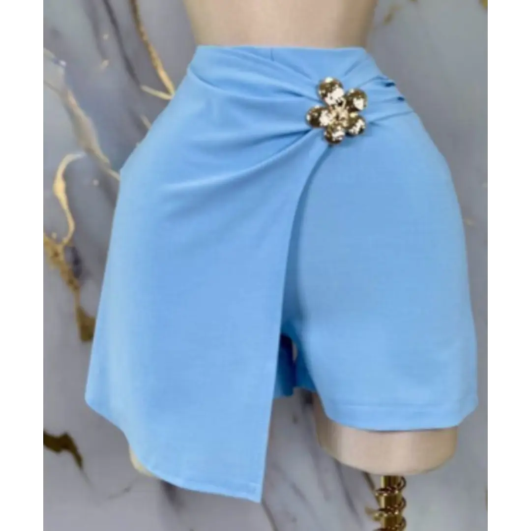 Elegant Draped Wrap Skort with Gold Flower Detail – Chic Mini Skirt Shorts