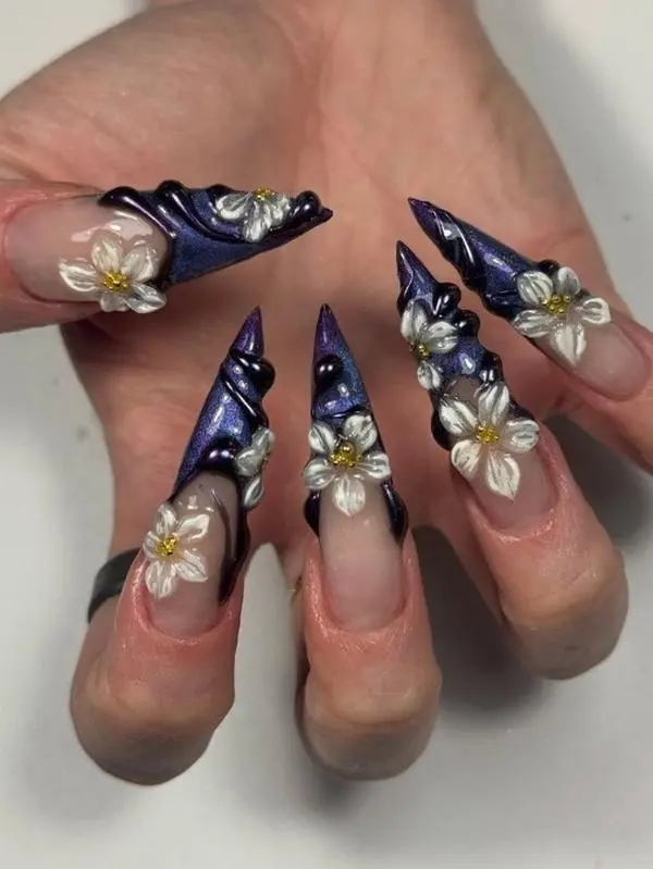 3D Flower Press on Nails, Dark Purple Metallic Stiletto Manicure, Hand-Sculpted Floral Gel Nail Art, Luxury Custom Fake Nails