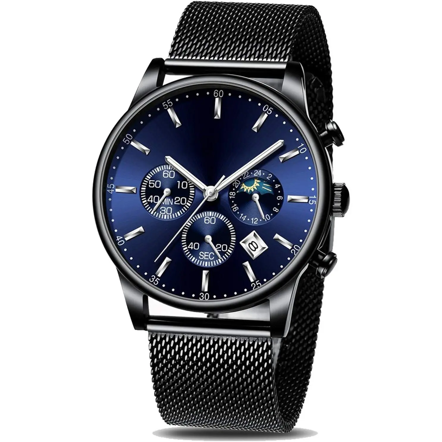 Men's Fashion Casual Watches Auto Date Chronograph Watch Men Nice Work Watches  30M Full Steel Quartz with Mesh Strap