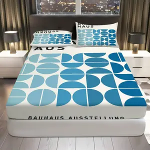 3Pcs Geometric Modern Abstract Fitted Sheet Three Piece Set (1*Fitted Sheet+2*Pillowcases, Coreless), Art theme, Bauhaus Pattern Bedding Set, Mattress protector Soft, Breathable