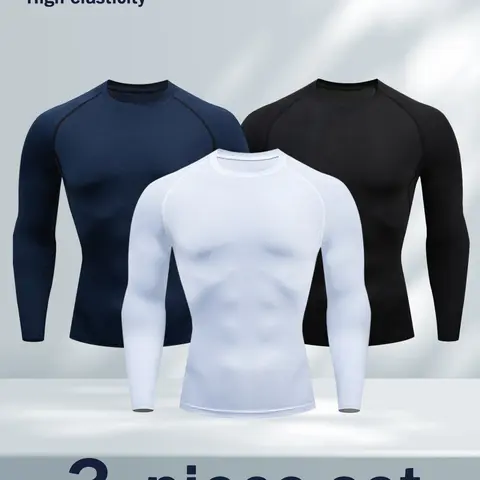 SKYWEHYD Male 3-Pack Black Tight-Fitted Long Sleeve Round Neck Sports T-Shirts - UV-Protective, Moisture-Wicking, Quick-Drying, Breathable, Lightweight Activewear (Fathersdaygift for Friends and Family, Fitness, Biking)
