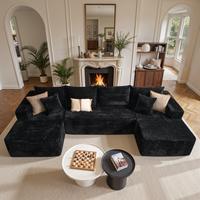 135“ U Shape Sofa Black Plush Corduroy