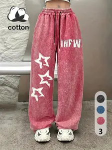 Women's Y2K style drawstring waist wide leg pants, loose casual sports pants, washed retro look geometric pattern, autumn and winter fashion long sweatpants