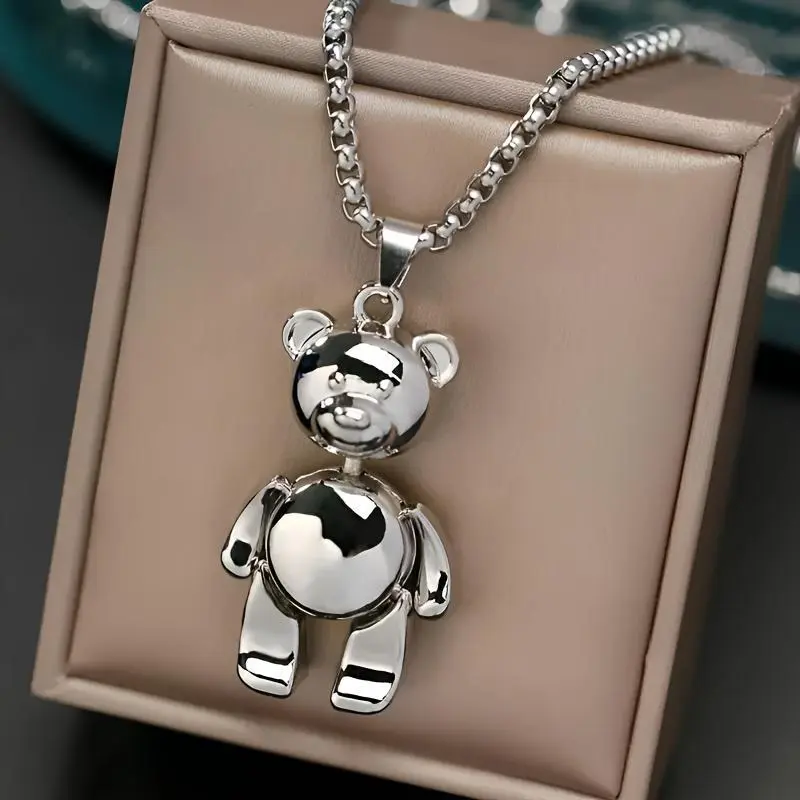 Stainless Steel Chain & Link Necklace with Cute Large Animal Bear Pendant - 70cm, Classic Movable Piece Design, Daily Wear, Ideal Valentine's Day Gift