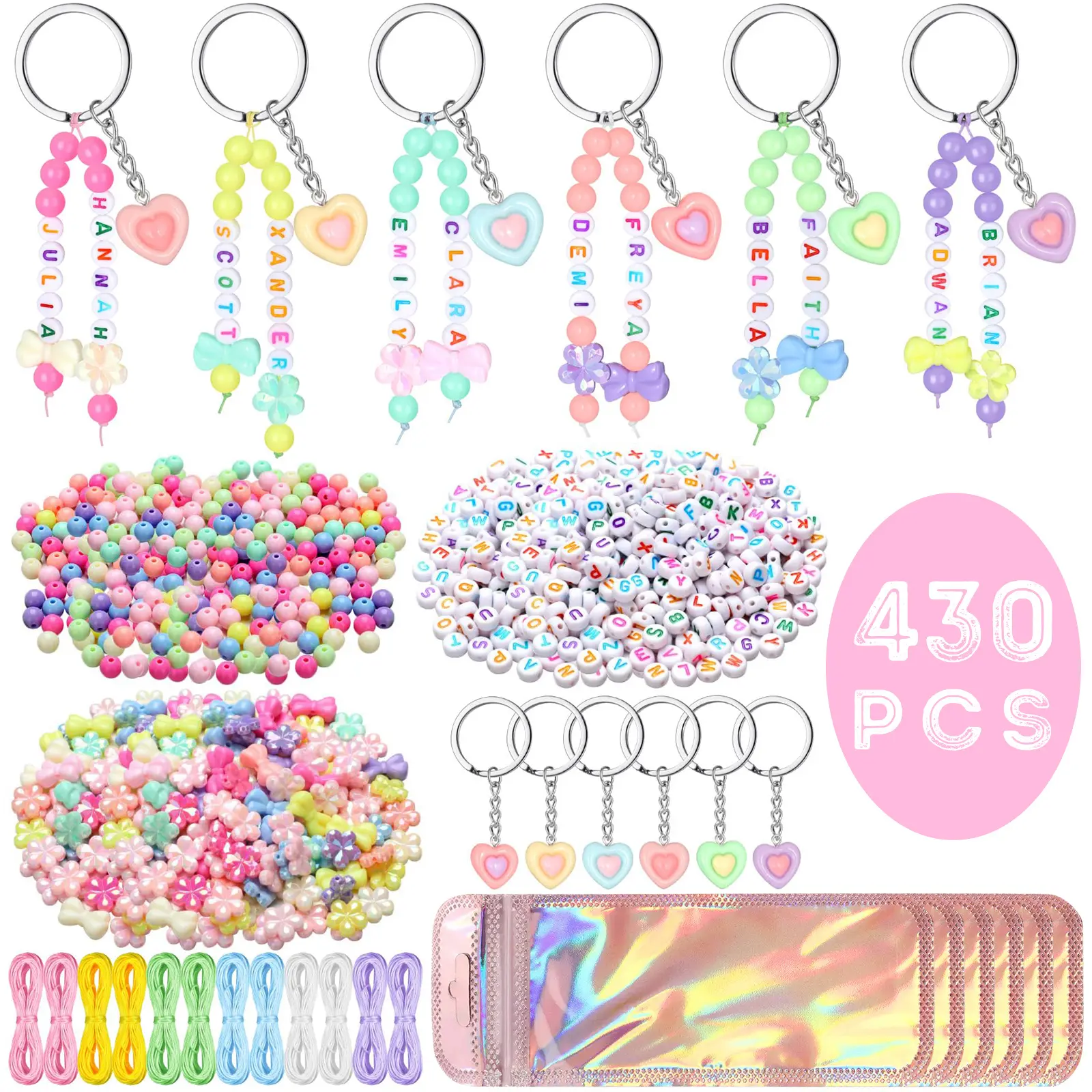 430pcs Pastel Keychain Making Kit, Candy Color DIY Kits with Heart & Bow Beads, Jewelry Making Supplies for Cute Collectibles & Backpack Accessories, Beads Charms Accessories, Seed Bead Keychains