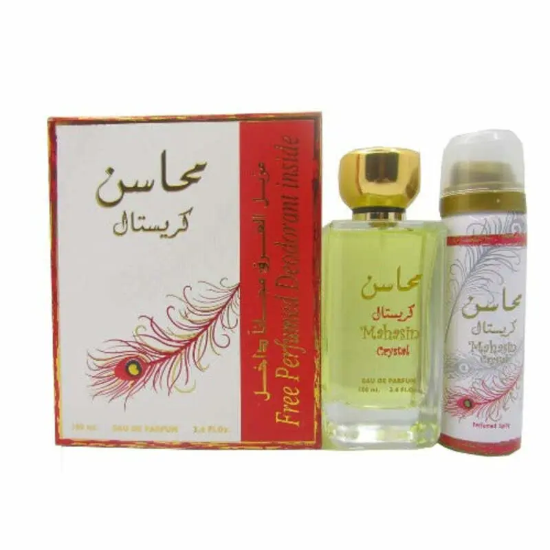 Lattafa Mahasin Crystal For Women 3.4 Oz EDP Spray + 1.7 Oz Deodorant Spray