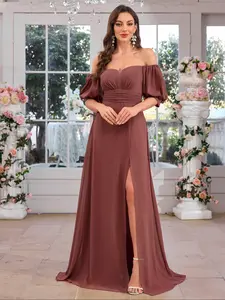 Women's Elegant One Shoulder Lantern Sleeve Maxi Dress, High Slit Backless Formal Bridesmaid Gown, Fitted Short Sleeve Plain Style