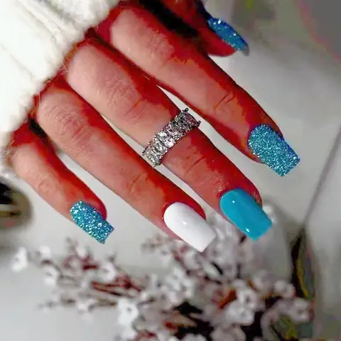 White and Blue Short Square Fake Nails Set, Artificial Nails, False Nail Set, & Press on Nails with Tools for Women & Girls DIY Nail Art, Elegant Stick on Nails Kit, Glitter Decorative Nails