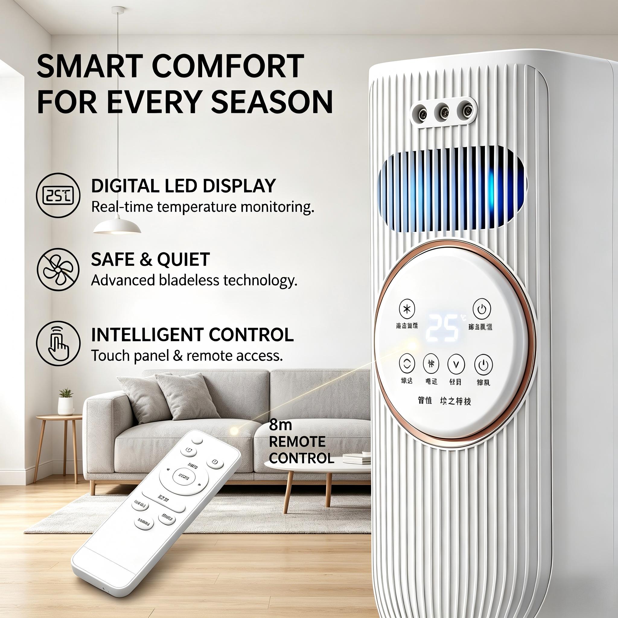 Bladeless 2-in-1 Fan & Heater – 3 Speeds, 2 Heat Modes, Remote Control, Quiet Operation, All Season Use – Perfect for Bedroom, Office, Small Spaces (28ft/s High Airflow)