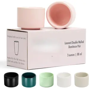 Leonard Ceramic Espresso Cups | Modern Stackable Demitasse Mugs for Espresso | Thick Walled, Handleless, Durable, Dishwasher & Microwave Safe | Set of 2, 3oz | Pale