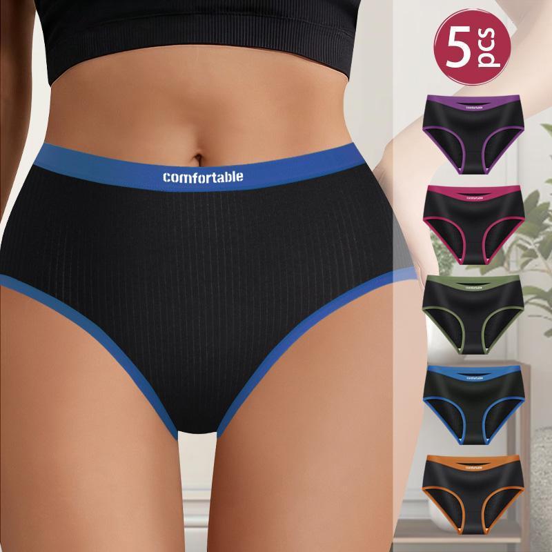 5PCS QUASTI Women's Soft Cotton Briefs High Waist Briefs Breathable and Fit Slim Waist Contrasting Colors Simple and Exquisite