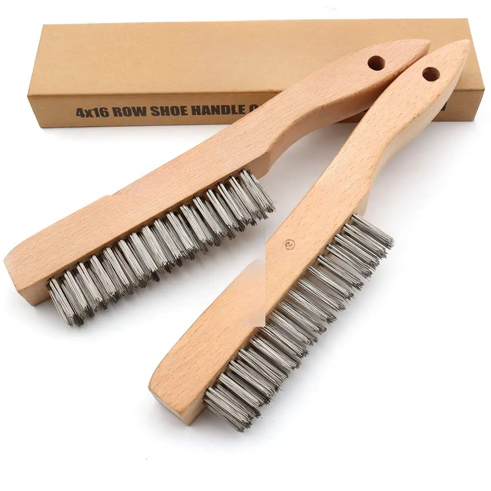 2pcs Stainless Steel Wire Brushes with 10in Beechwood Handle - Heavy-Duty Rust Removal Tool, Solid Bristles, Easy-to-Use, Curved Grip for Metal Parts