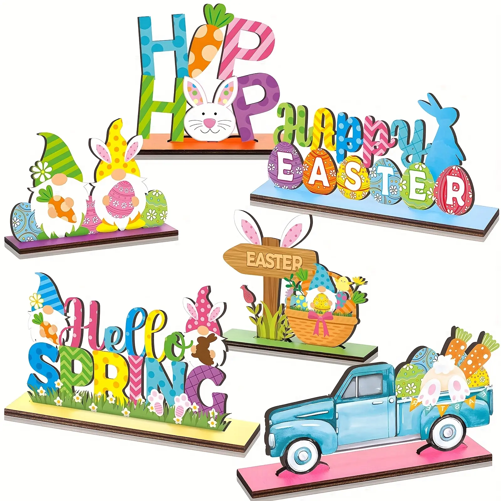 6-piece set of classic Easter table decorations, wooden center decoration with rabbit and dwarf truck design, Happy Easter Spring theme, multi-purpose kitchen and restaurant decoration, Christian religious decoration