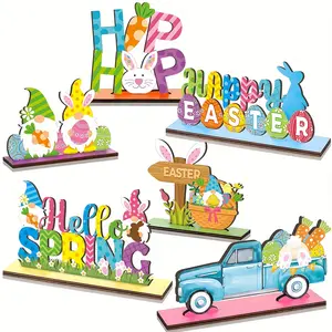 6-piece set of classic Easter table decorations, wooden center decoration with rabbit and dwarf truck design, Happy Easter Spring theme, multi-purpose kitchen and restaurant decoration, Christian religious decoration