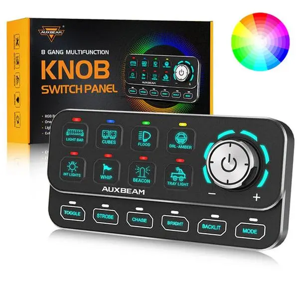 Auxbeam KS-80 Knob RGB Toggle Switch Panel - 120A Max, Dimmable, Dynamic Chase, 4 External Triggers, 4 Modes, 3×30A, 4×20A Solid-State Relays, 8-Device Home Lighting Accessory Control Panel