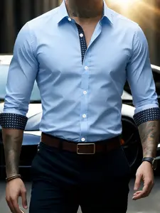 Men's Light Blue Plaid Patchwork Shirt, Business Casual Long Sleeve Top, Formal Short Sleeve Blouse, Versatile Office Wear