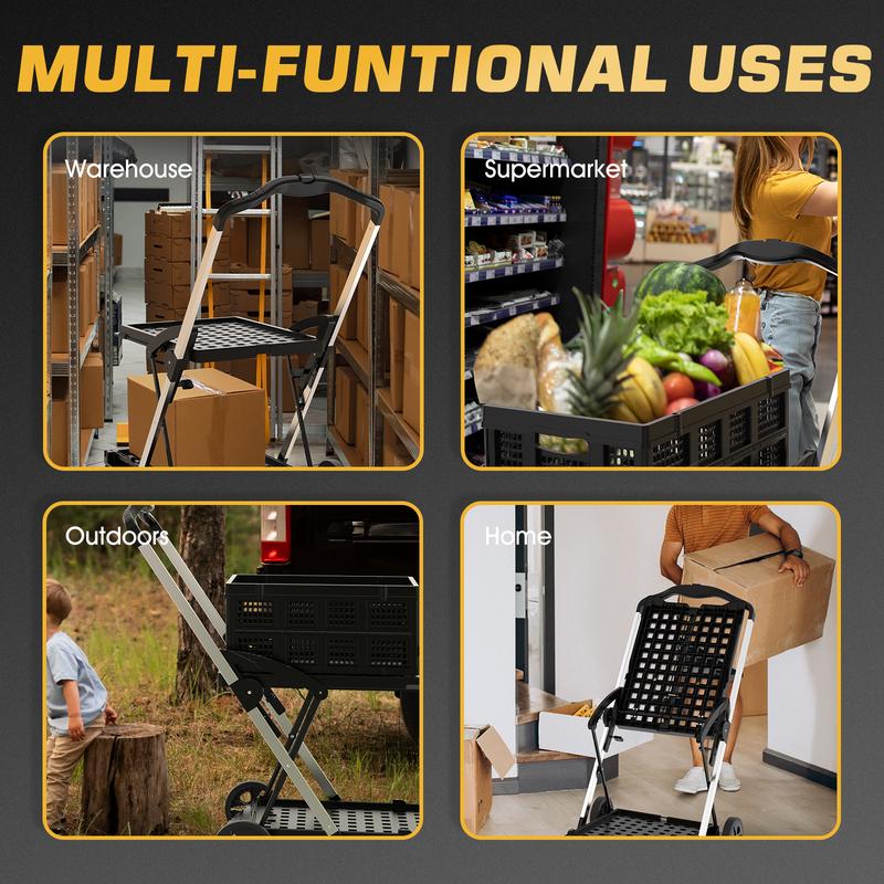 TOOLIOM Heavy-Duty Collapsible Utility Cart, 198Lbs Capacity Folding Trolley with 2 Removable Baskets, Adjustable Aluminum Frame & Quiet Rubber Wheels for Grocery Shopping, Office, Camping and Home