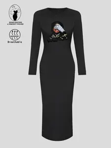 Michael Jackson Printed Graphic Fitted Long-Sleeve Dress, Suitable for Parties, Perfect Wedding Guest Outfit, Women's Autumn & Winter Fashion, Trendy Birthday Gown.