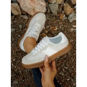 Women's Beige Lace - Up Sneakers, Perforated for Breathability, Ideal for Daily Wear, Leisure Walks, Gym Workouts, Trendy Fashionable Athletic Footwear, Comfortable Soft - Lined, Non - Slip Gum - like Sole(Sheets)