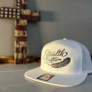 Richardson 168 7 Panel White Stealth Outfitters Hat with Feather Embroidery Grey Lettering