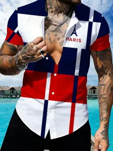 Men's Short Sleeve Shirt Summer Fashion Plaid Color Block Casual Shirt Paris Letter Printed Trendy Top