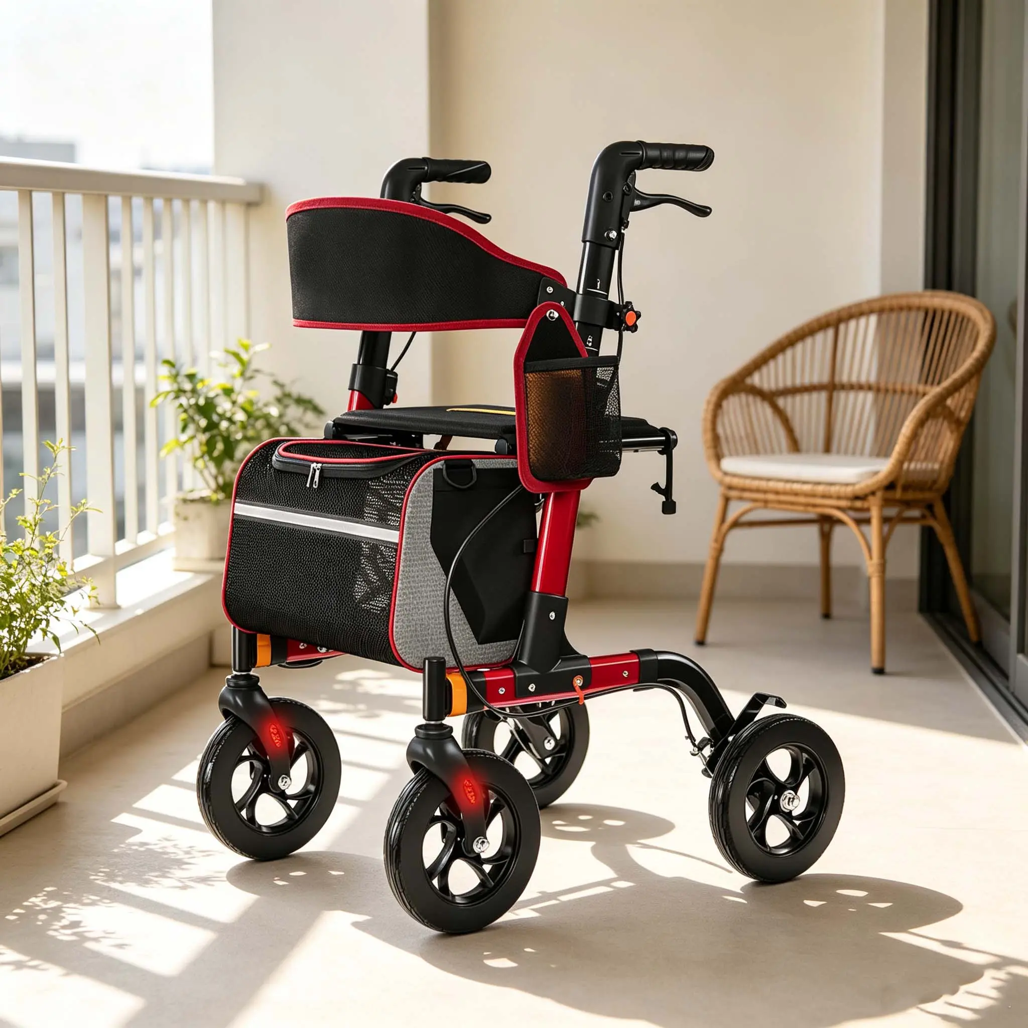 Red Rollator Walker for Seniors - 350 lb Capacity, 18 in Padded Large Seat, 8 in All-Terrain Wheels, 6-Position Adjustable Height, Lightweight Aluminum Alloy Folding Walker with Storage Bag