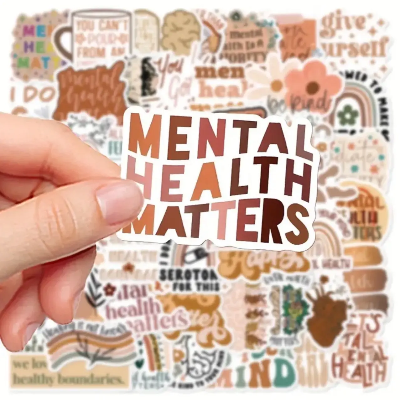 50 Pack of BOHO Mental Health Stickers. No Duplicates. Waterproof. Great for water bottles