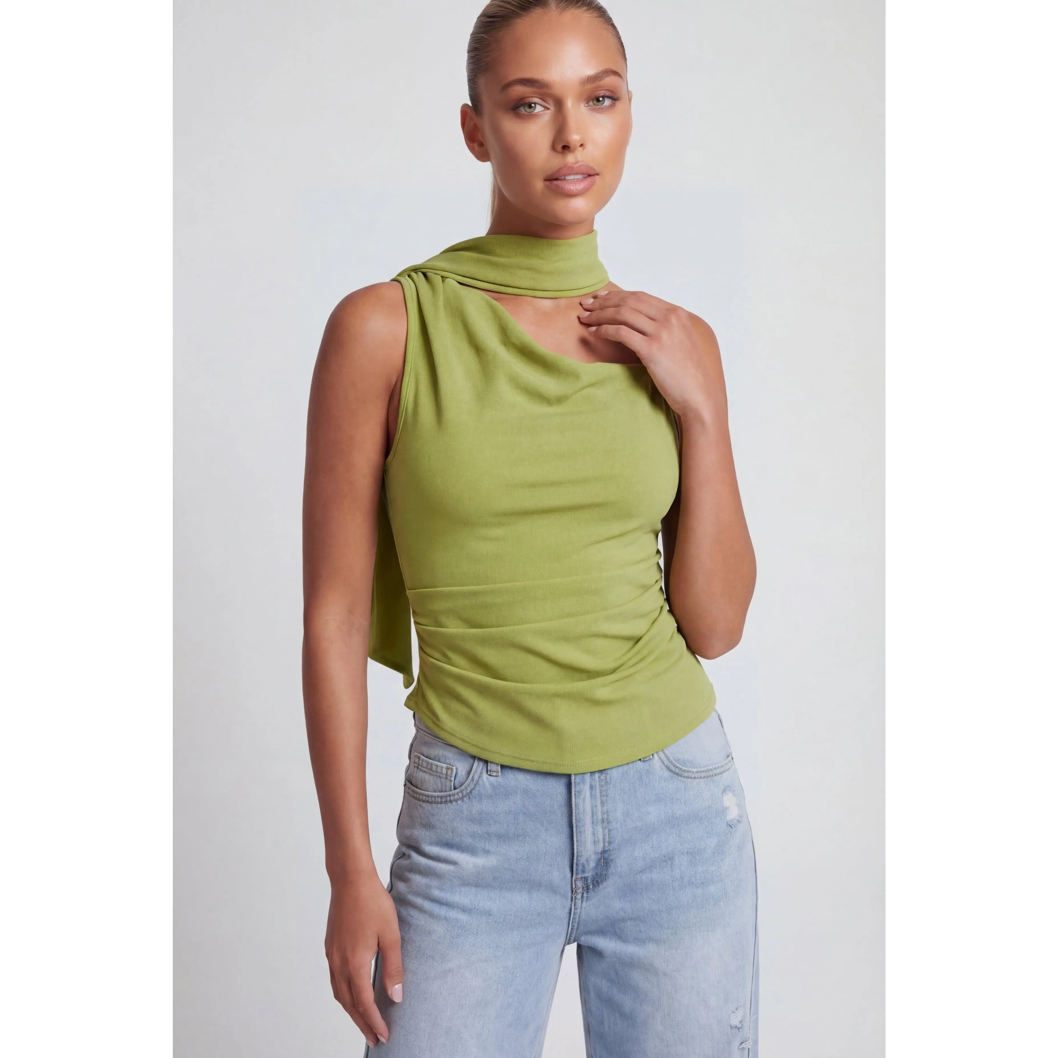 Asymmetrical Crepe One-Shoulder Scarf Top