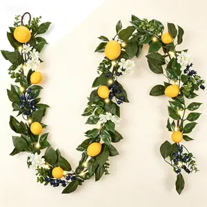 6ft Pre-Lit Lemon Garland with Greenery, Artificial Fruit Vine for Mantle with Lights, Thin Spring Summer Home Decor for Stairs Fireplace Table, Farmhouse Kitchen Wall Party Decoration, Reusable No Glue Needed